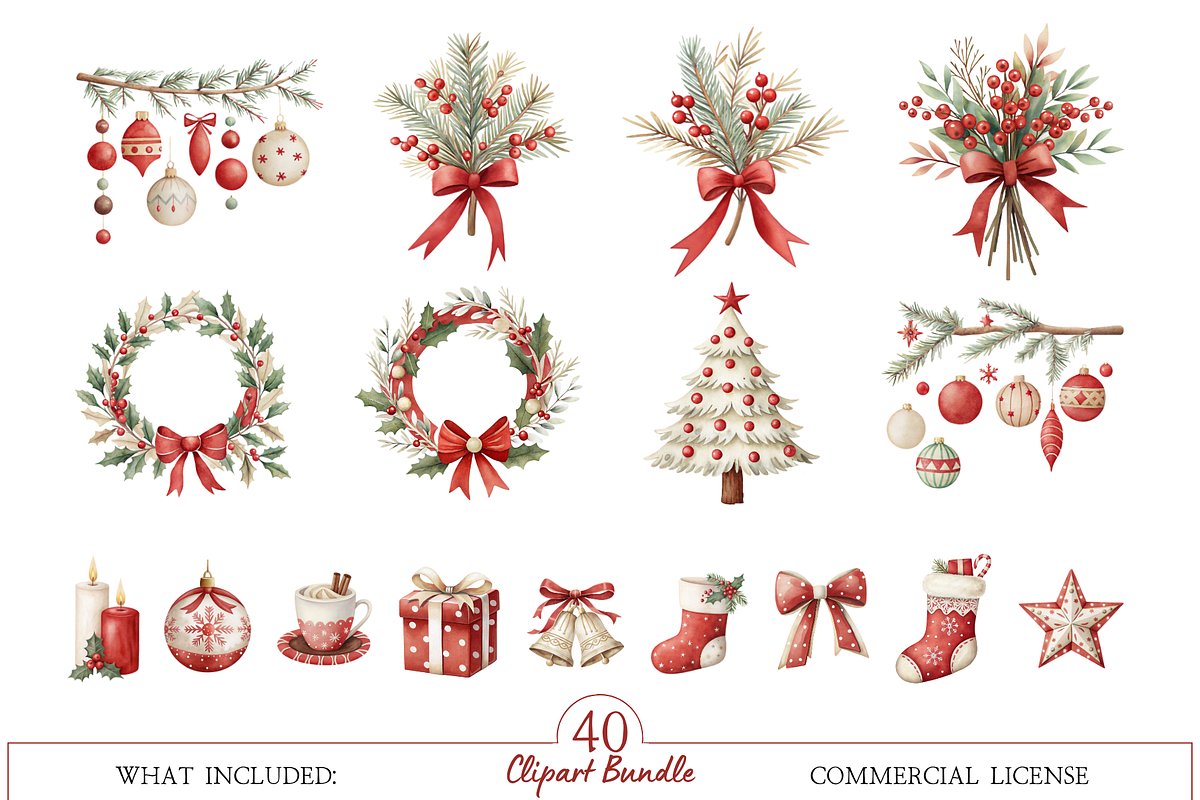 Classic Christmas Watercolor Clipart, an Illustration by MockupWizard (Photo 3 of 6)