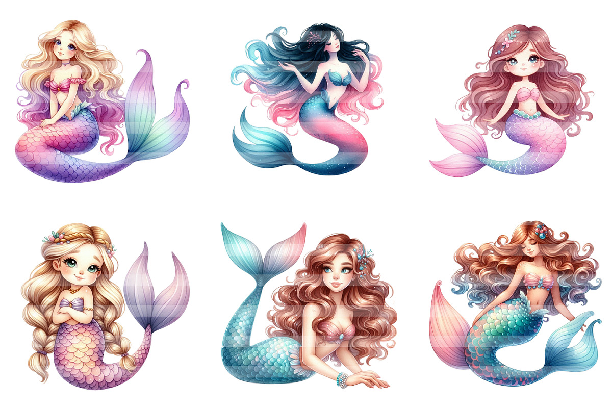 Cute mermaid watercolor clipart, an Illustration by CreationArt (Photo 3 of 7)