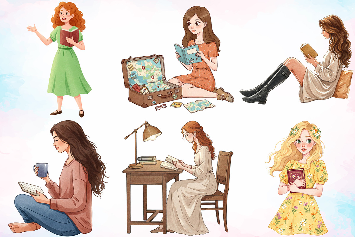 Watercolor Woman Reading Clipart PNG, an Illustration by Canvas Craft (Photo 4 of 5)