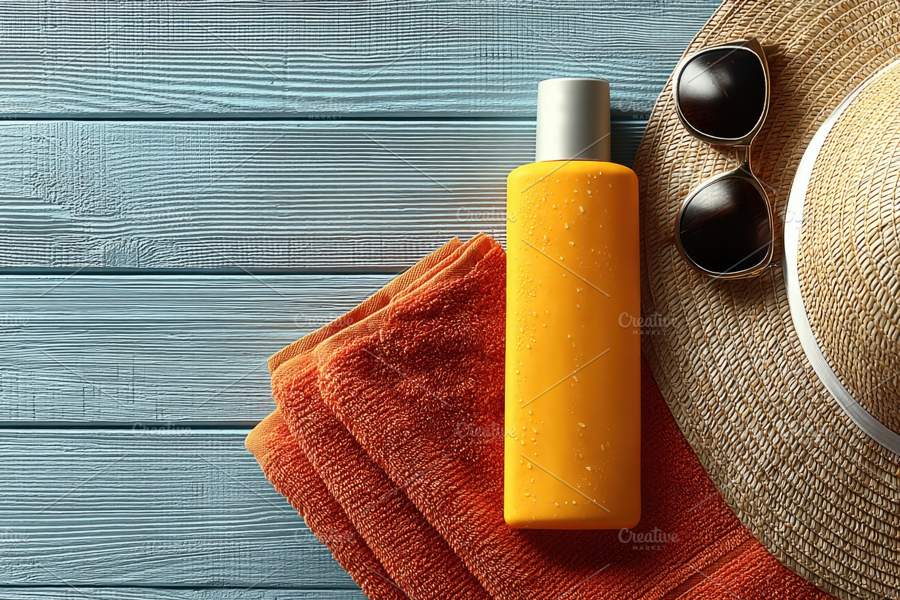Summer sunscreen bottle with beach towel, straw hat and sunglass, a Beauty & Fashion Photo by José Manuel Gelpi