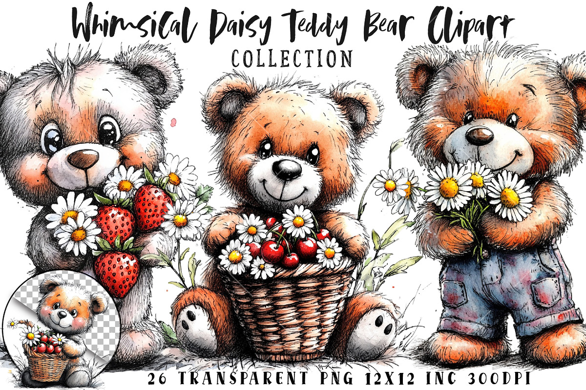 Watercolor Daisy Teddy Bear Clipart, a Seasonal Illustration by OK Design (Photo 1 of 6)