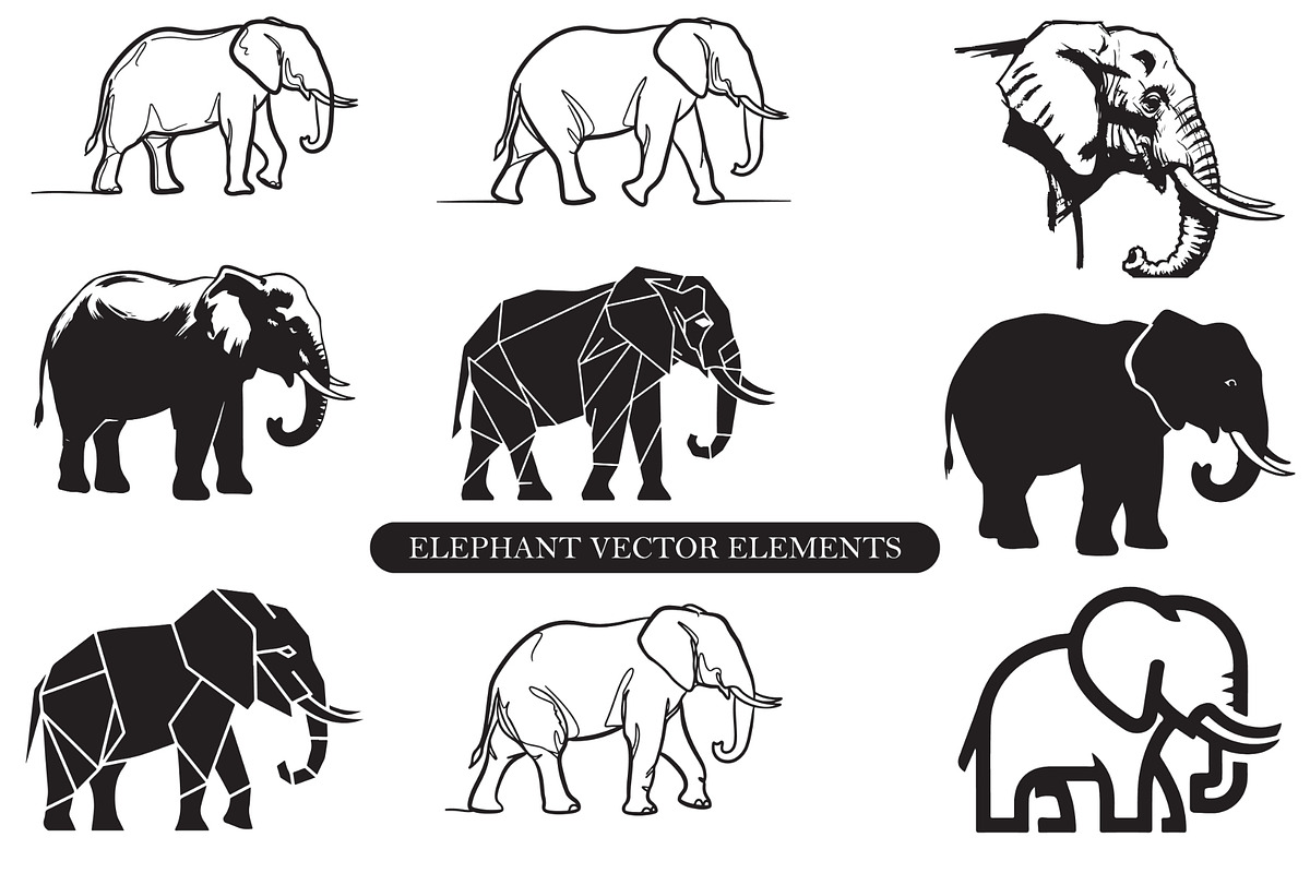 Elephant Vector Black Clipart Set, an Animal Illustration by balal (Photo 1 of 11)