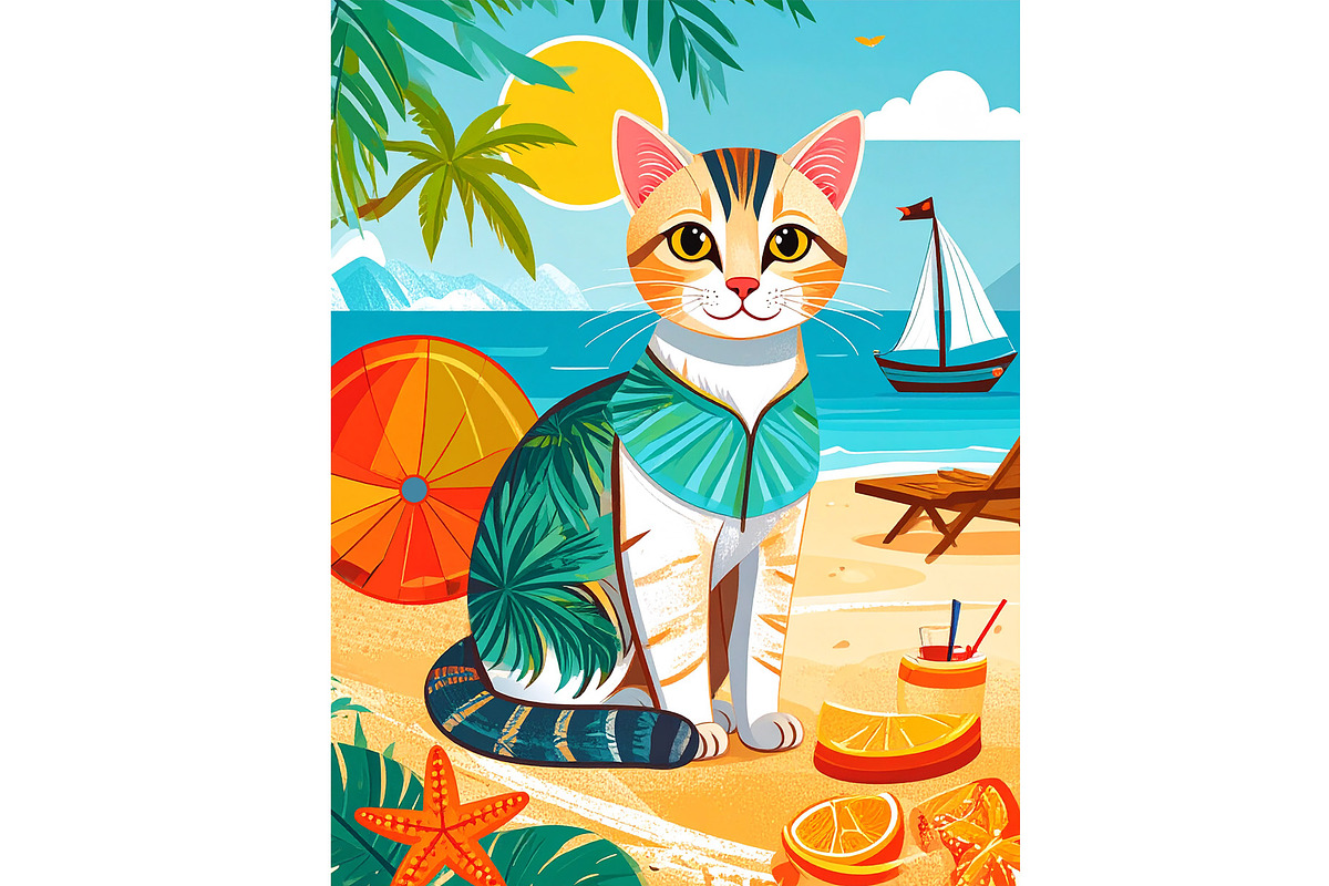 Hawaiian Cat with Fruit Drink at Sun, an Animal Illustration by Sharon Schwalbe