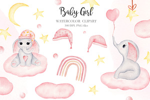 Watercolor Baby Girl Elephants Set