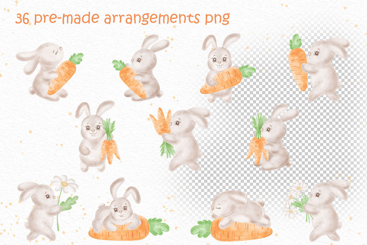 Cute bunny watercolor clipart set, an Illustration by susie-p-art (Photo 4 of 16)