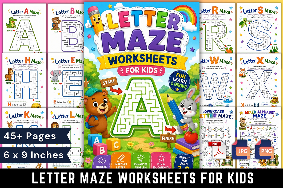 Letter Maze Worksheets for Kids, a Stationery Template by Designmela01 (Photo 1 of 6)