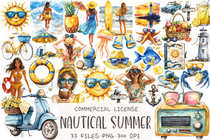 Watercolor Nautical Summer Clipart, an Illustration by OK Design