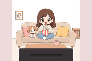 Girl Watching TV with Her Puppy, a Person Illustration by Artpon Illustration