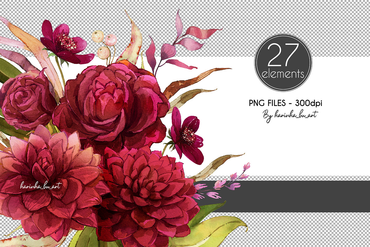 Burgundy Botanical Boho clipart set, an Illustration by KarinkaBU (Photo 8 of 9)