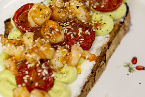 Dinner toast restaurant recipe prawn tomatoes, a Food & Drink Photo by Photo Drive Studio