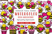 Watercolor Bees Valentine Clipart, an Illustration by CreationArt (Thumbnail 1 of 5)