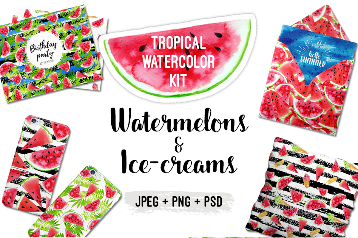 Watercolor Watermelons & Ice creams, a Pattern Graphic by Midstream (Photo 1 of 8)