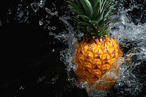 Fresh ripe pineapple falling in water with splashes on black background, a Food & Drink Photo by AlyaAnd