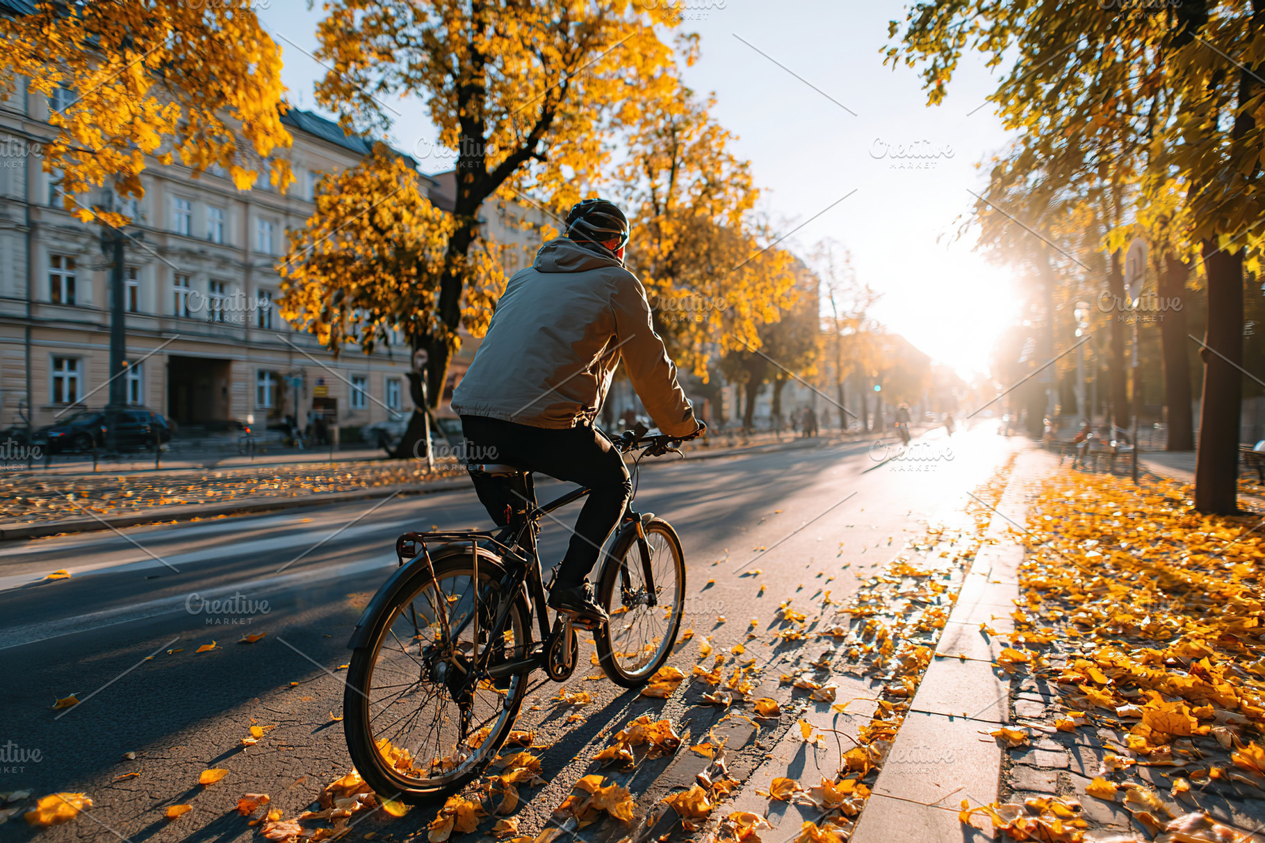 Cyclist in light jacket rides along tree-lined street covered with autumn leave, a Photo by AlyaAnd