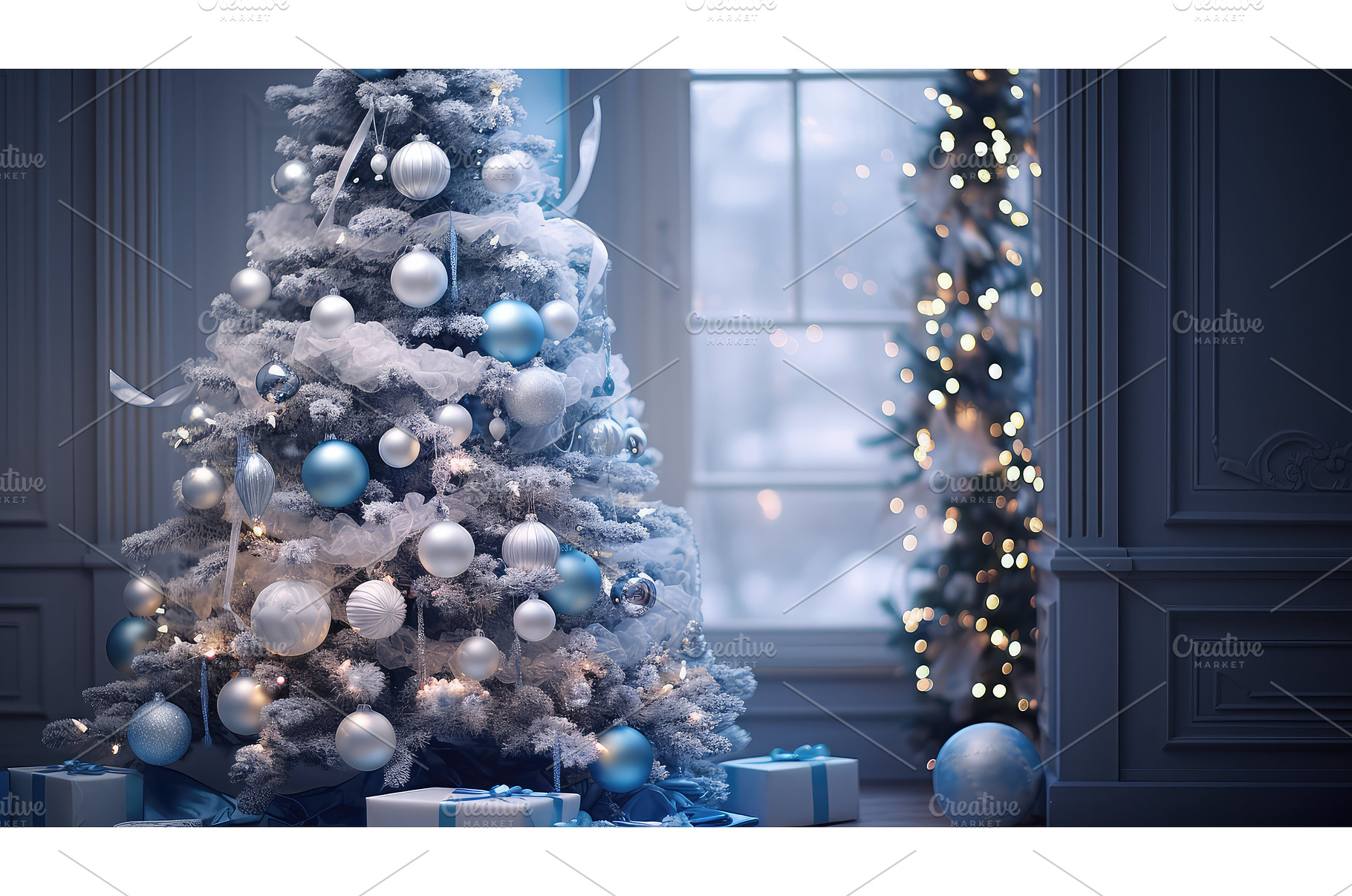lights blue and white christmas ai, a Holiday Photo by pikepicture