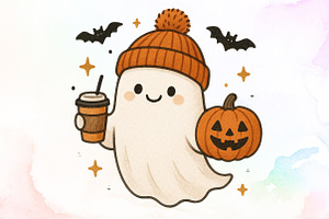 Cute Ghost Coffee Pumpkin Halloween, an Illustration by Sublimation Artist