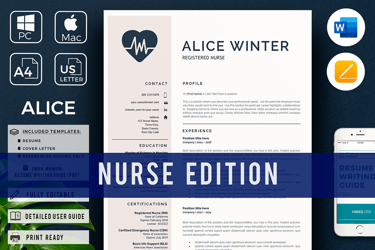 Nurse Resume, Cover L. + References, a Resume Template by HIRED Design Studio (Photo 1 of 11)