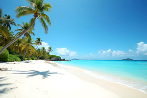Tropical beach scenery with clean wh, a Photo by LOGOCREATIVE