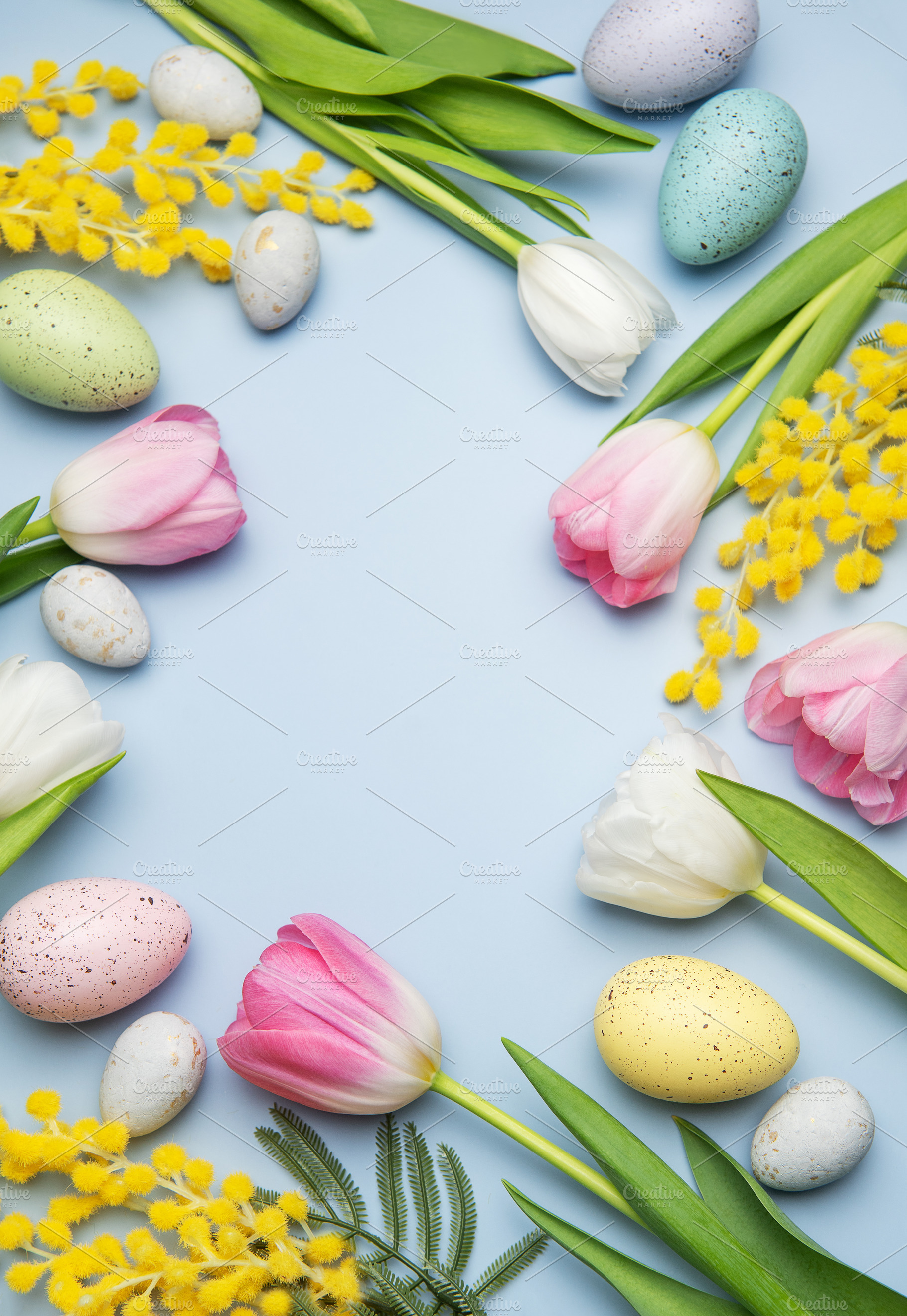 Easter eggs and tulips forming a frame on light blue background, a Holiday Photo by Olena Rudo
