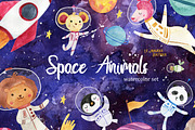 Space Animals Watercolor Clipart, an Animal Illustration by LeMagiqueBoutique (Thumbnail 1 of 5)