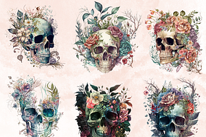 Watercolor Floral Skull Clipart