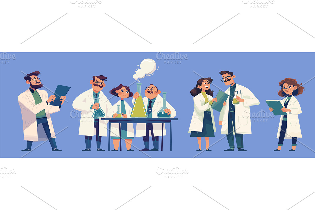 scientists cartoon set. woman man in, an Illustration by Stock-Smart-Start