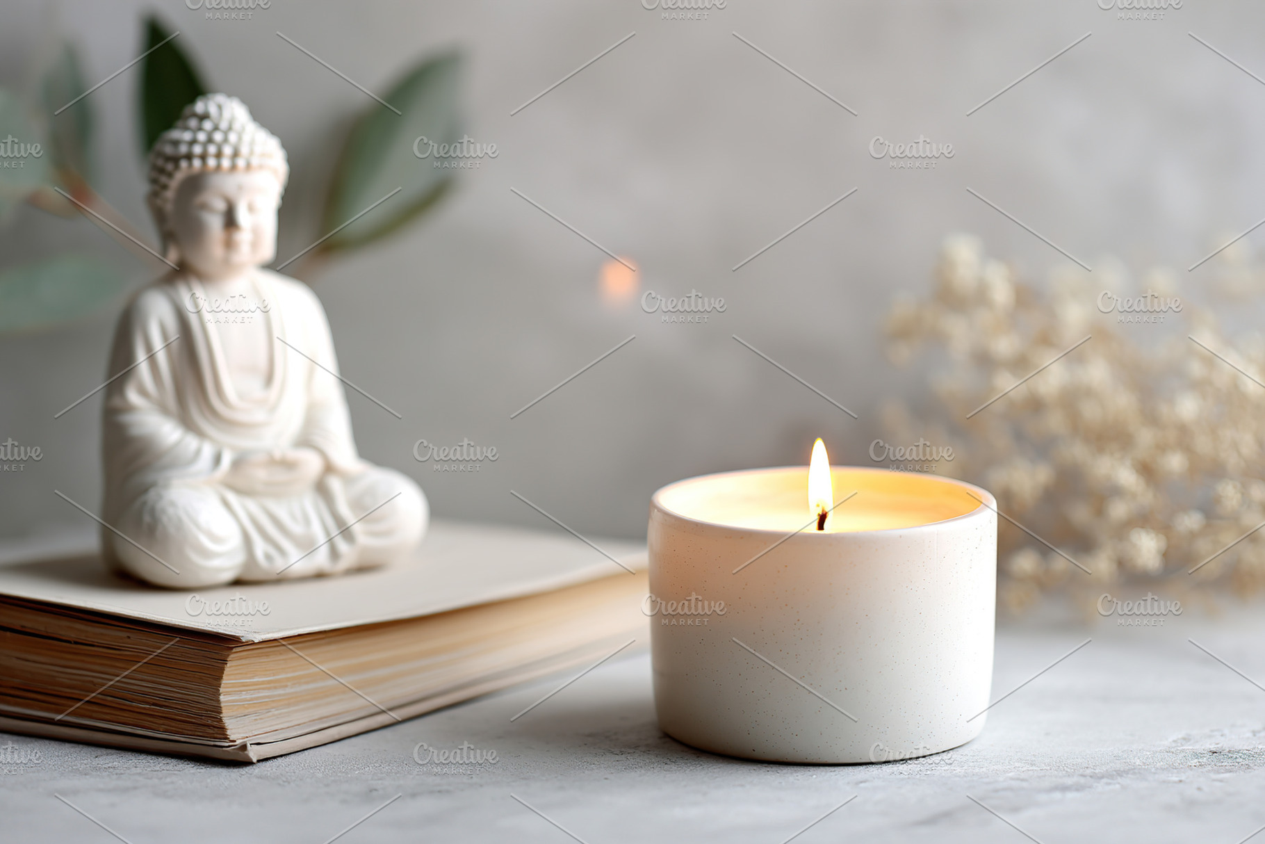 Buddha statue and candle create a serene atmosphere for meditation and mindfuln, a Photo by AlyaAnd