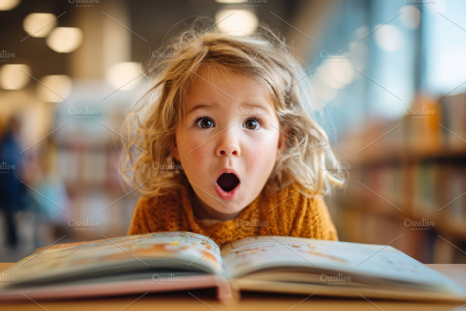 Surprised child reading in library, a Person Photo by AlyaAnd