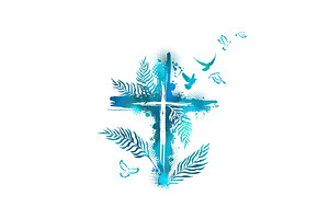 Cross with palm leaves blue. hand, an Illustration by Nenahliadava Design
