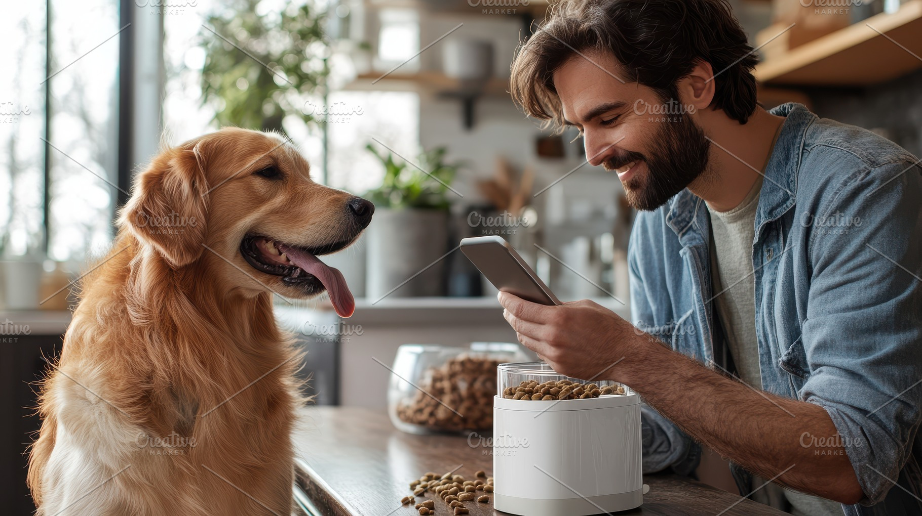 Man using phone with golden retrieve, an Animal Photo by Pixeness Studio