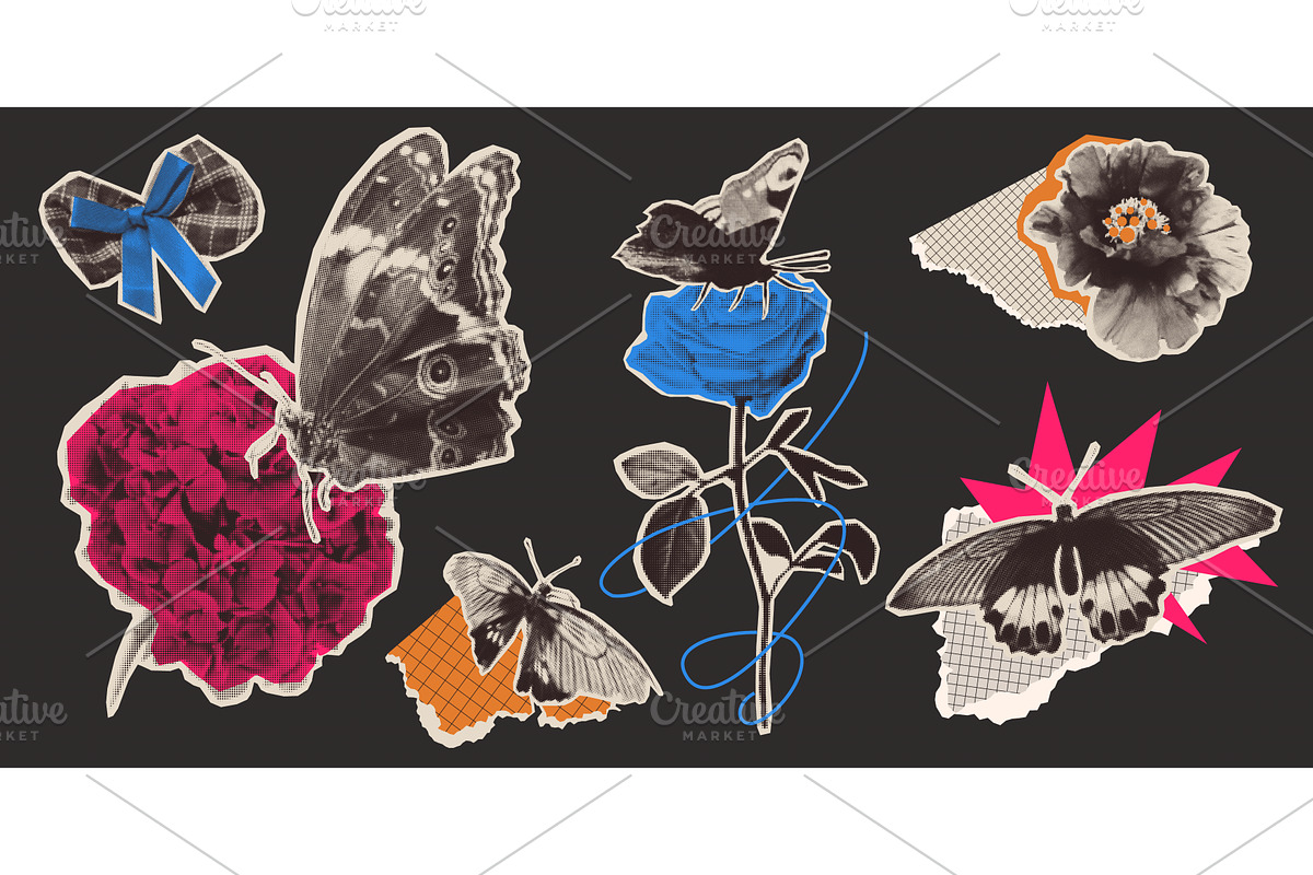 Halftone butterfly and flowers set, an Object Illustration by art PVP - market