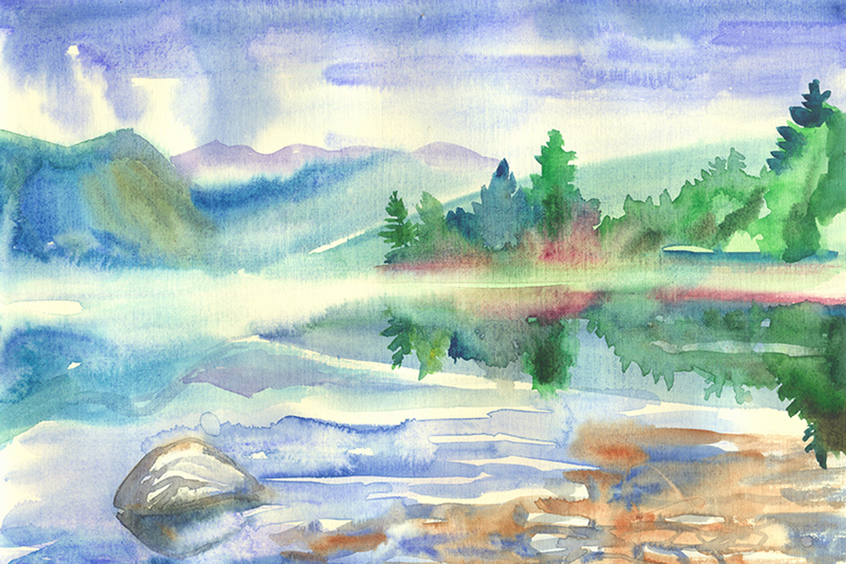 Watercolor river and mountains., a Texture Illustration by Mehendra Art (Photo 2 of 2)