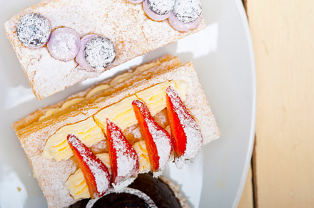 selection of fresh cream cake dessert plate, a Food & Drink Photo by keko64