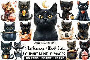 Watercolor Cute Halloween Black Cats, an Illustration by Craft Nest
