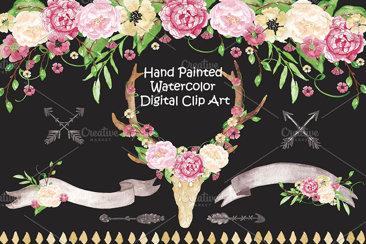 Antler Floral watercolor cliparts, an Illustration by burlapandlace (Photo 2 of 2)