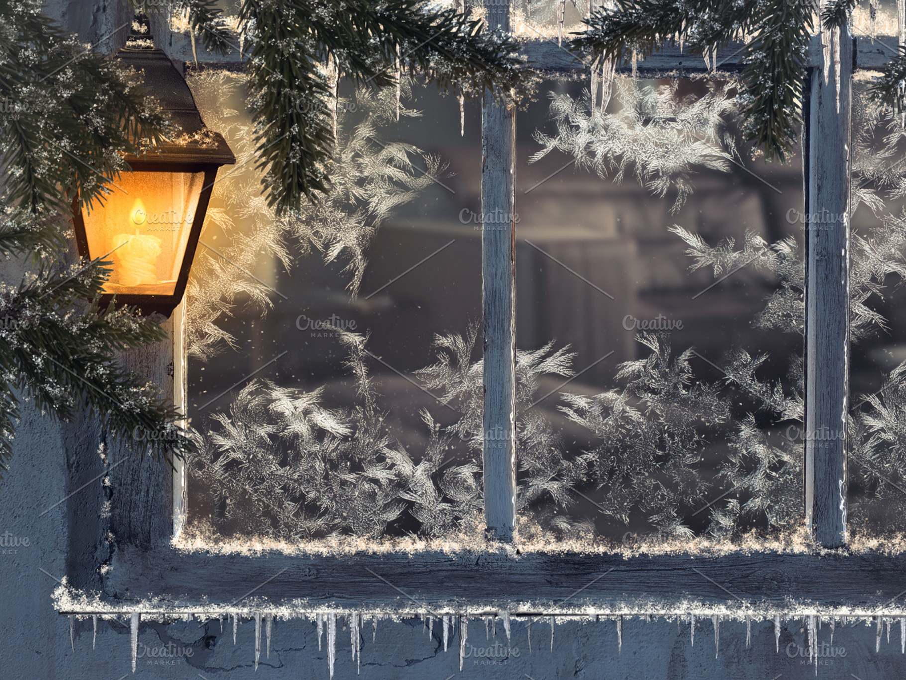 Beautiful winter window. Snow, icicles. Yellow lantern, a Holiday Photo by Kozorog