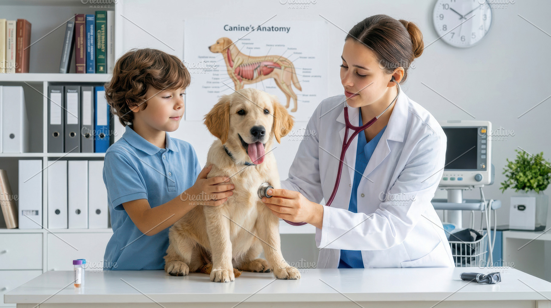 Boy and Vet Checking Golden Retriever, an Animal Photo by Davizro's Market
