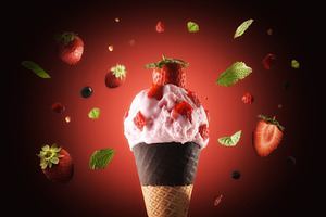 Strawberry Ice Cream Cone with Floating Ingredients, a Food & Drink Photo by Davizro's Market