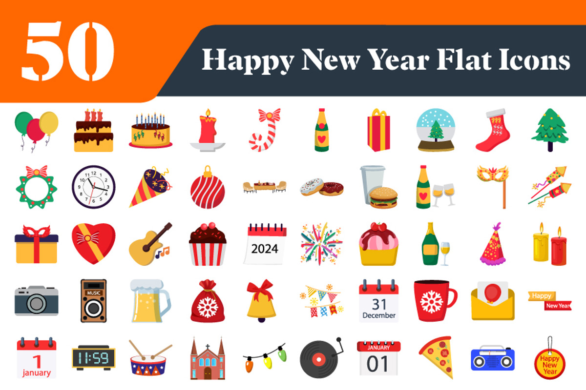 Happy New Year Flat Icons Bundle, an Outline Icon by EllaMaiyaali (Photo 2 of 3)