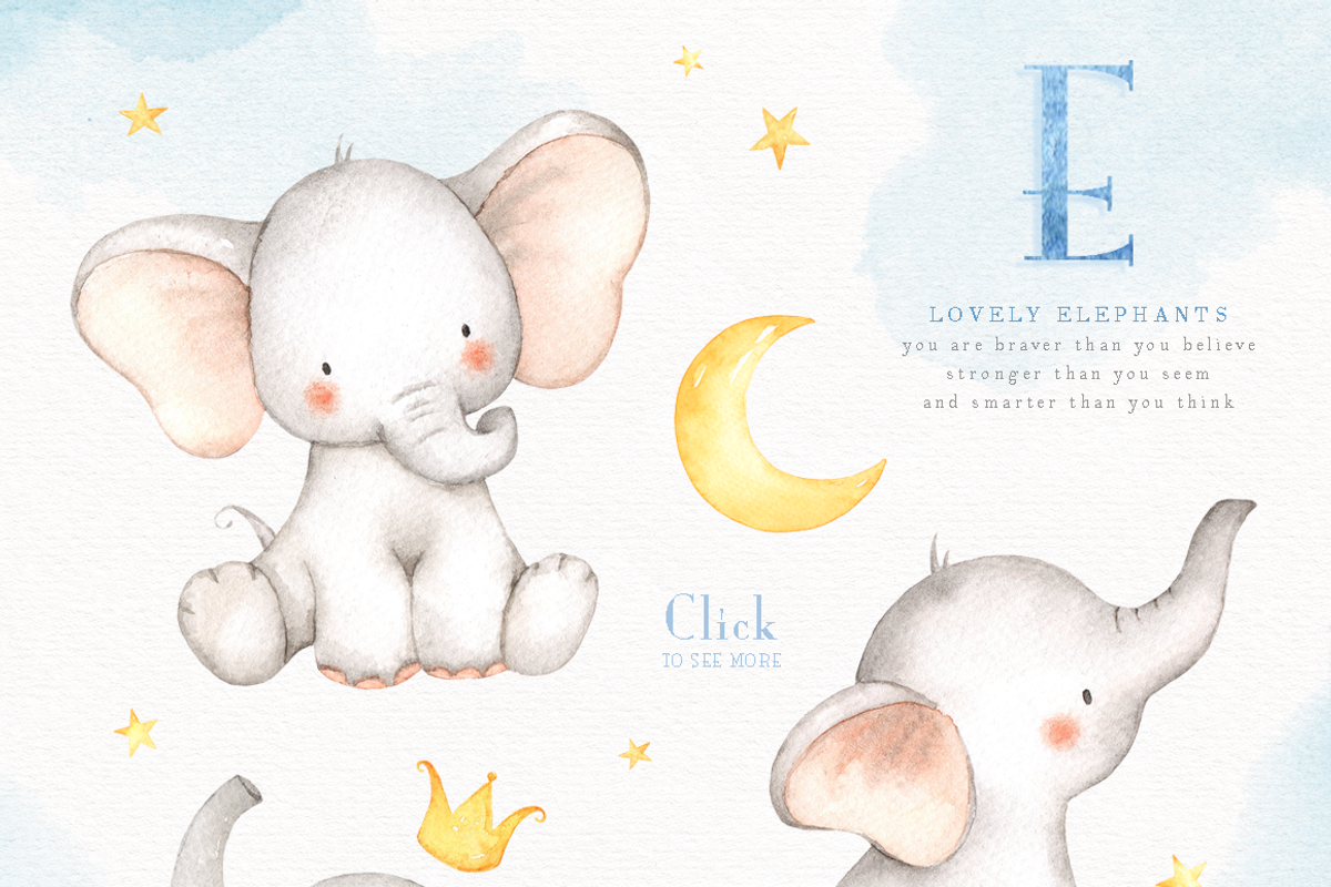Lovely Blue Elephants Watercolor Set, an Animal Illustration by everysunsun (Photo 3 of 5)