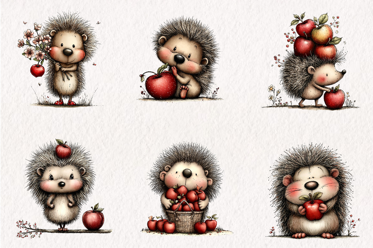 Hedgehog Apple Watercolor Clipart, a Seasonal Illustration by CreationArt (Photo 2 of 6)