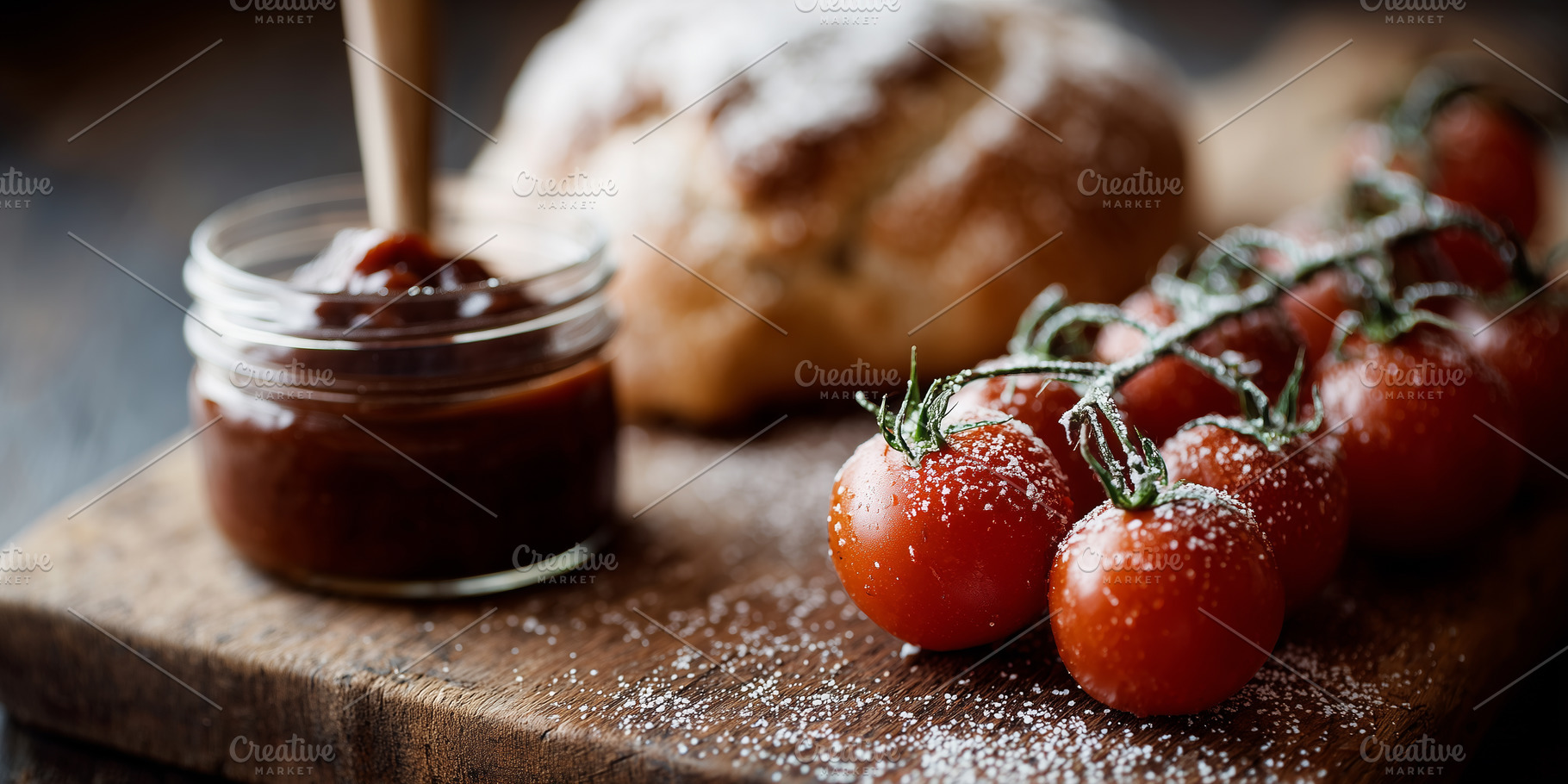 Cherry tomatoes on the vine, sauce, a Food & Drink Photo by MistyDay