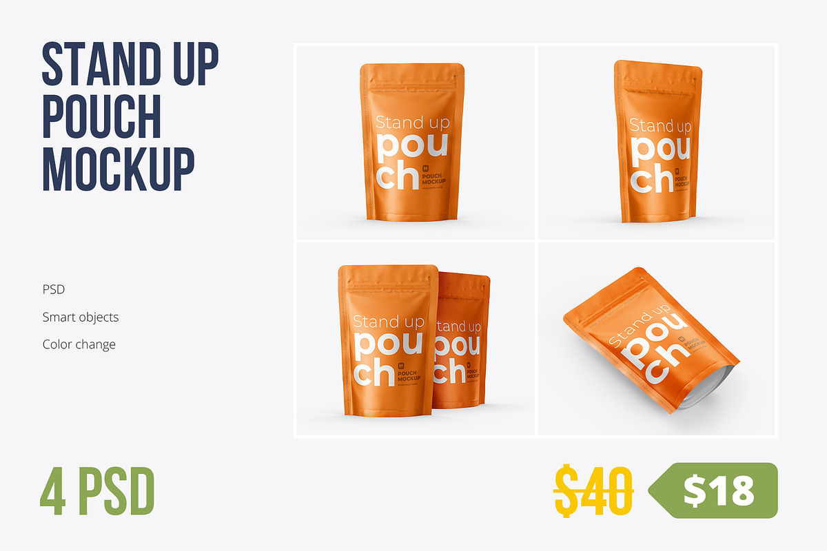 4 PSD Stand-Up Pouch Mockup, a Cups & Container Mockup by easymock (Photo 1 of 12)