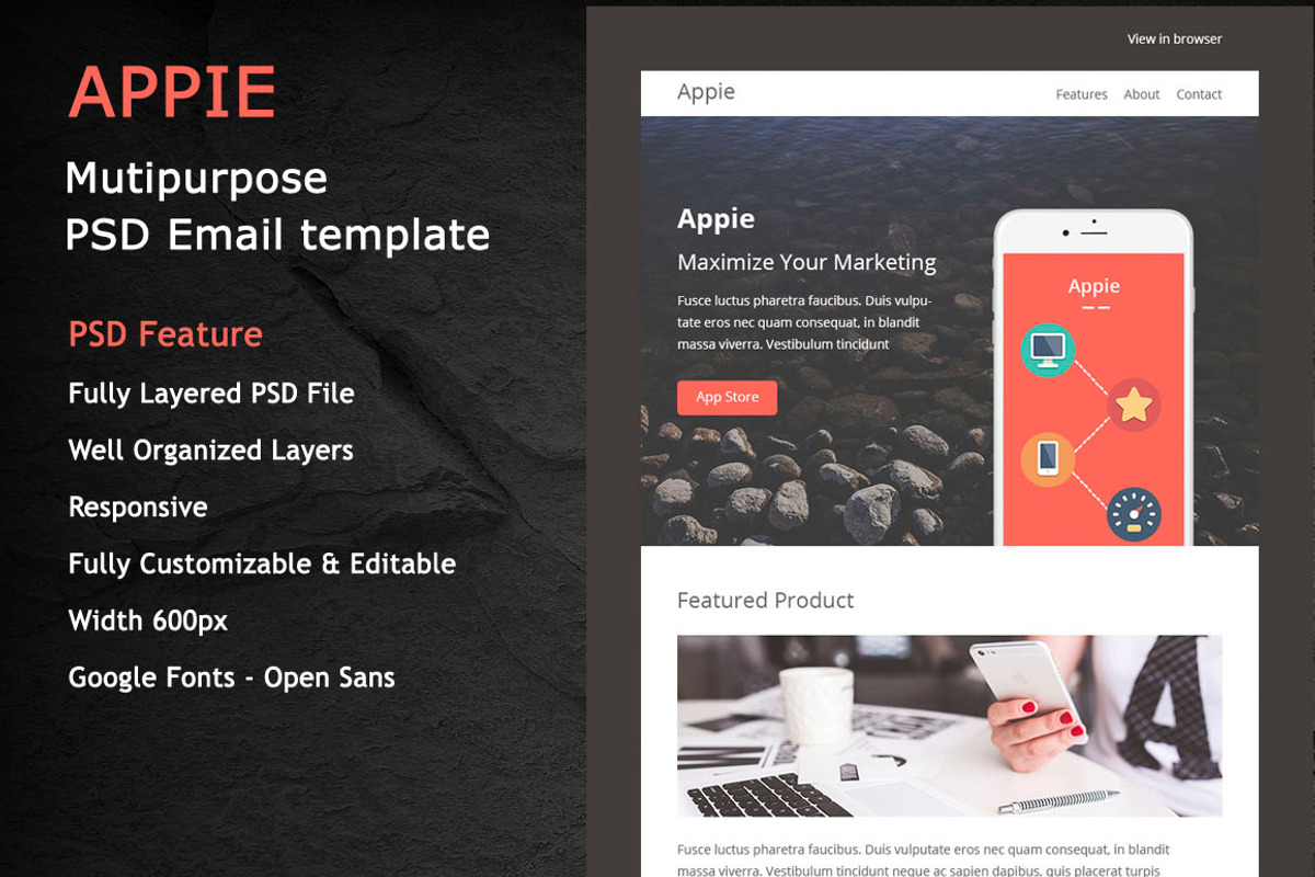 APPIE- PSD RESPONSIVE EMAIL TEMPLATE, an Email Template by Pennyblack Templates (Photo 1 of 2)