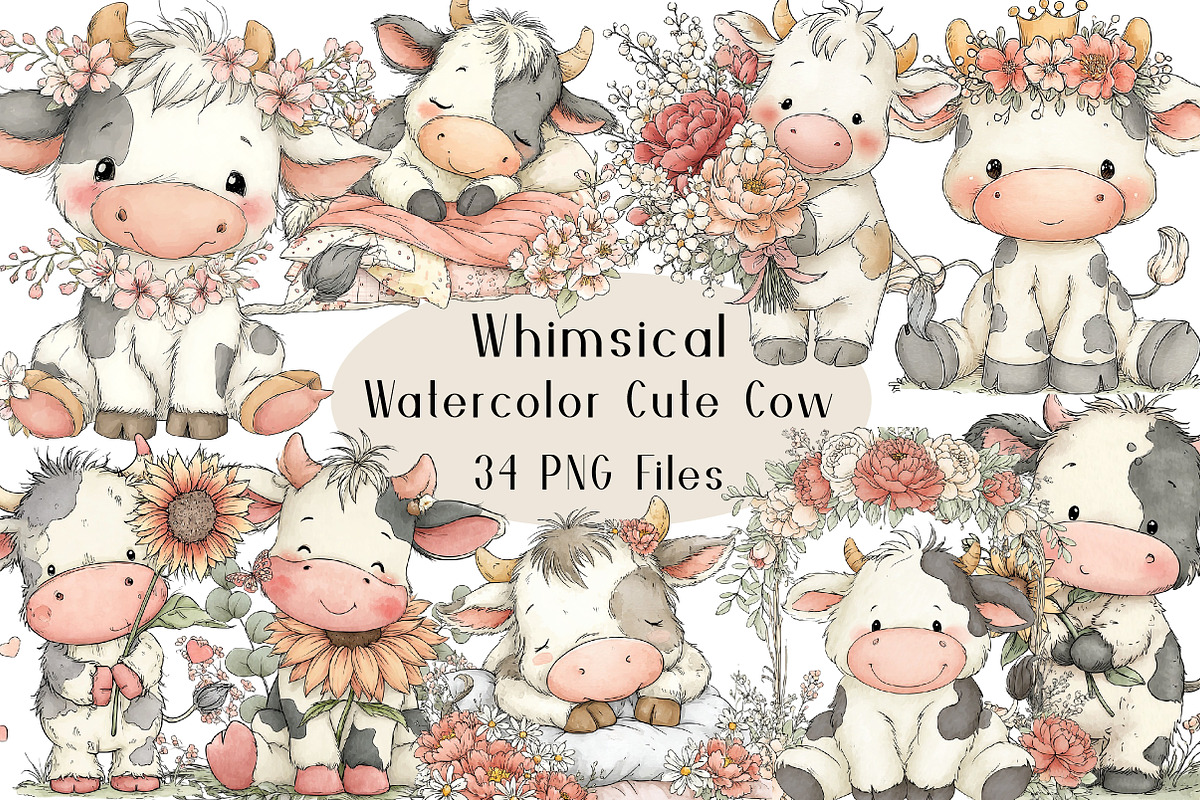 Watercolor Cute Cow Clipart, an Animal Illustration by Creative Art (Photo 1 of 7)