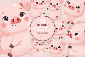 15 Bundle Watercolor Baby Pig Pink, an Animal Illustration by Morspective