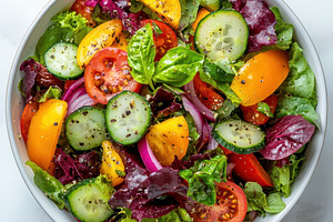 Fresh vibrant salad bowl with tomato, a Food & Drink Photo by Pixeness Studio