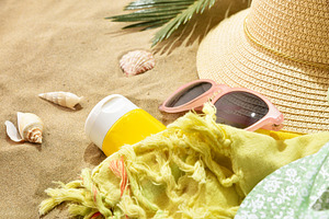 Summer Essentials on Sandy Tropical Beach, a Holiday Photo by Davizro's Market