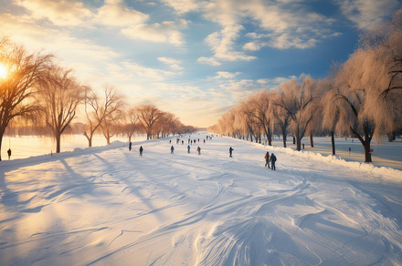 People Enjoying Winter Skating on Outdoor Ice Rink Amid Scenic Snow-Covered Par, a Photo by AS photostudio