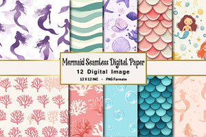 Mermaid Seamless Digital Paper, an Illustration by OK Design